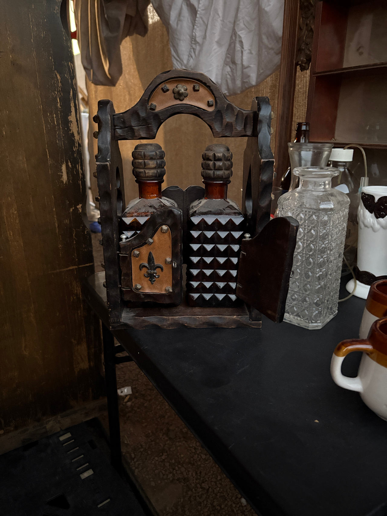 Vintage Wooden Tantalus with Amber Glass Decanters