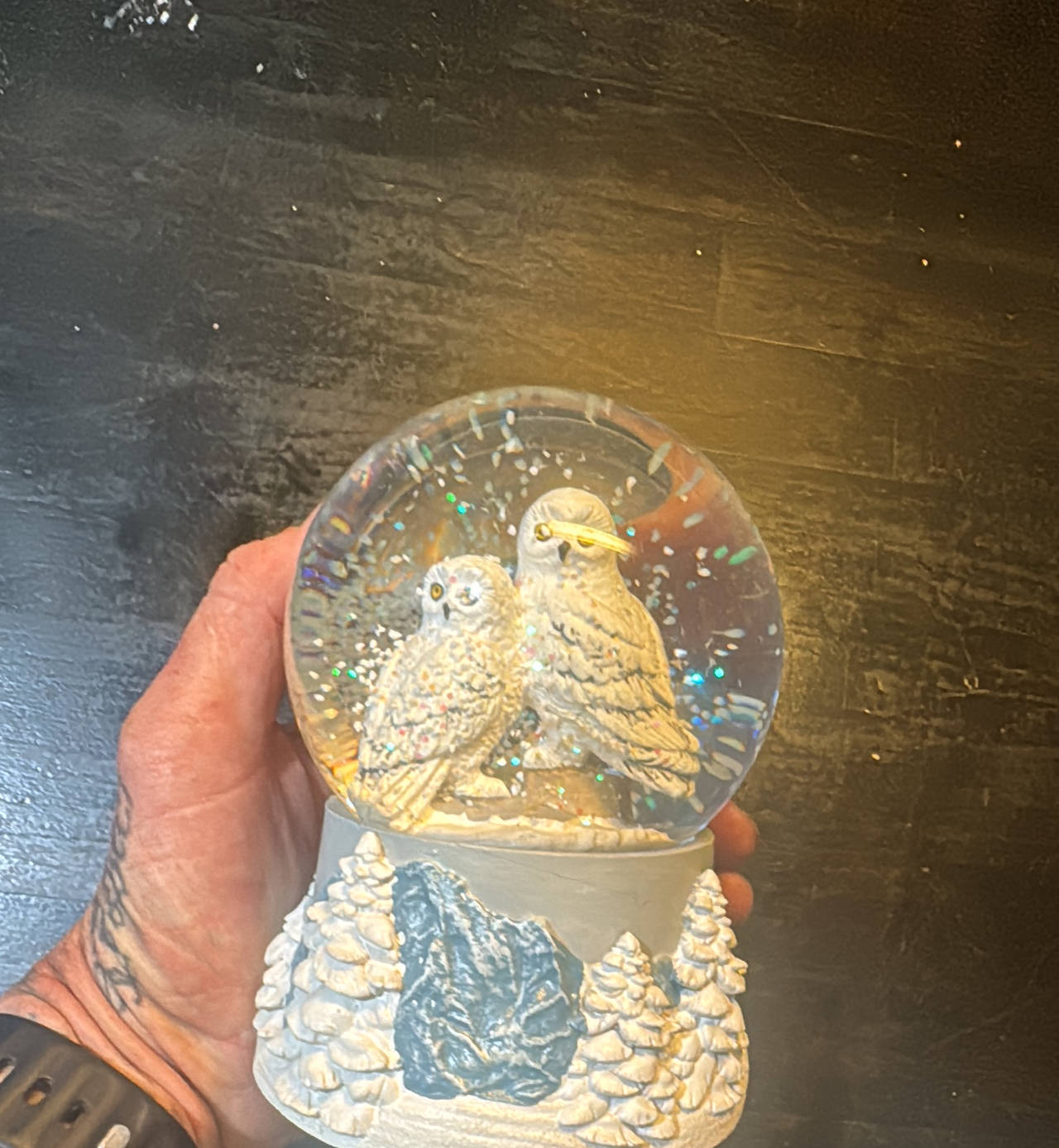 Snowy Owl Snow Globe with Pine Tree Base
