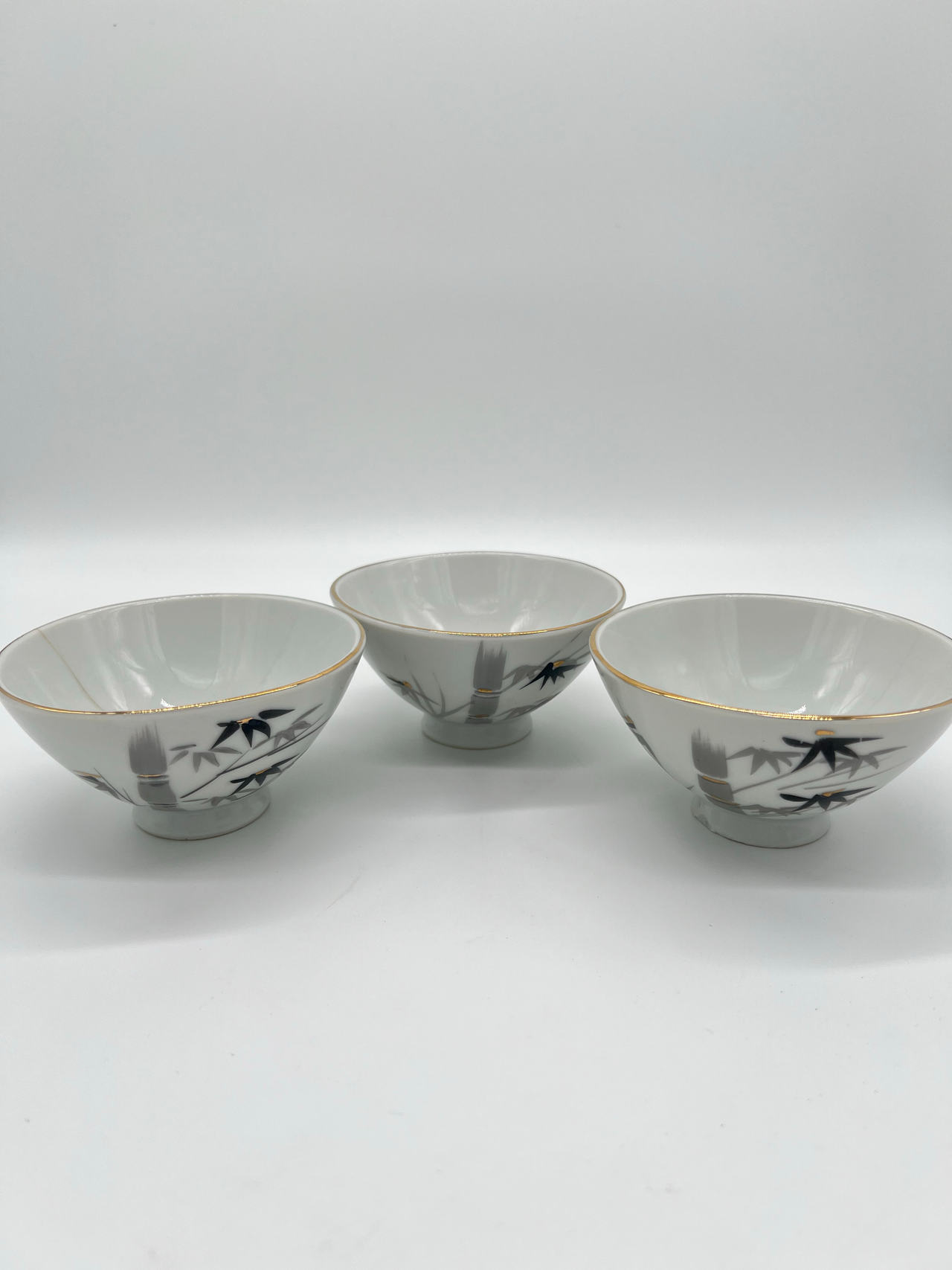 Set of 3 Vintage Japanese Porcelain Rice Bowls Bamboo Gold Trim 1 Repaire