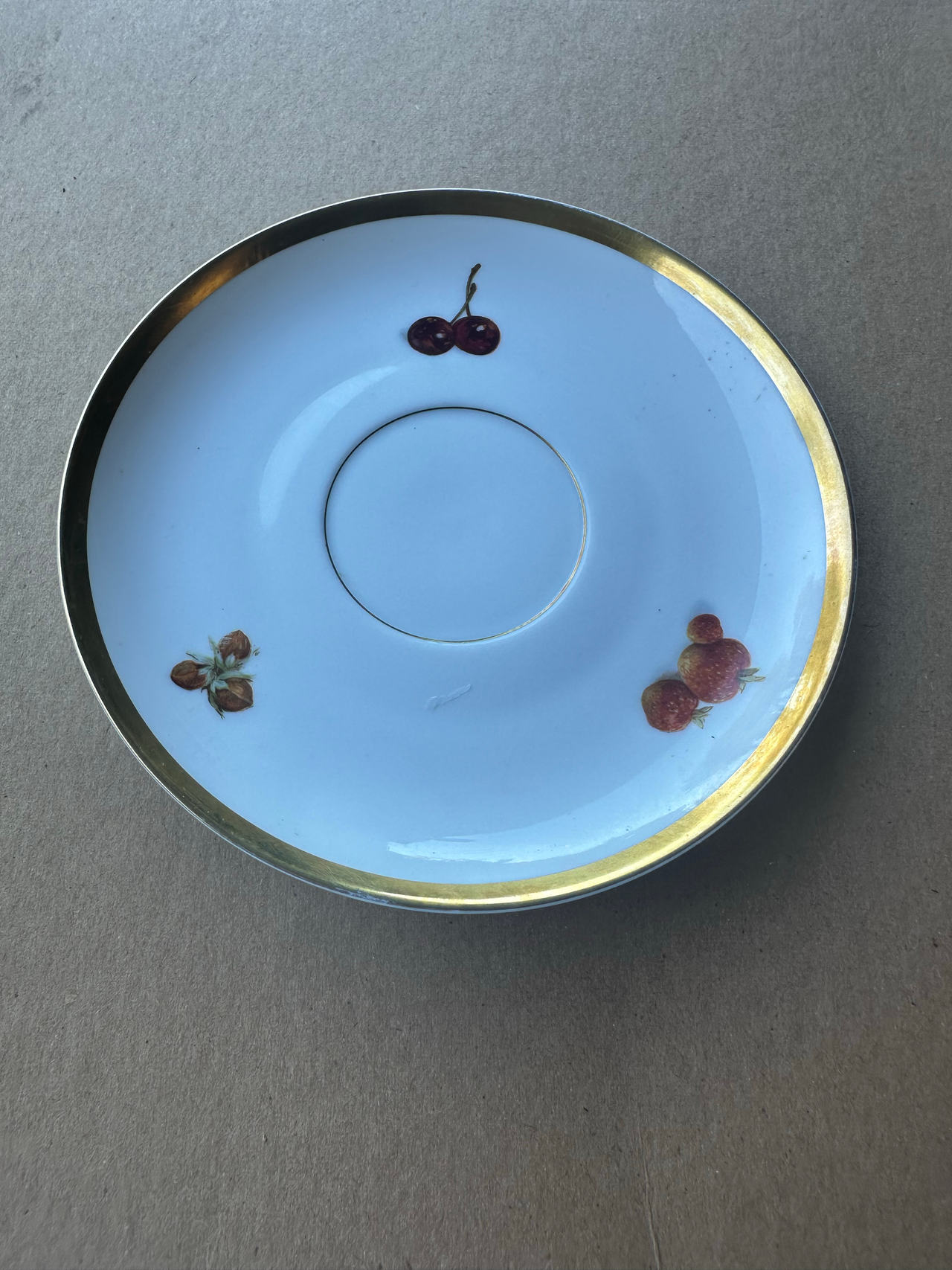 Vintage Fruit Pattern Porcelain Saucer with Gold Rim
