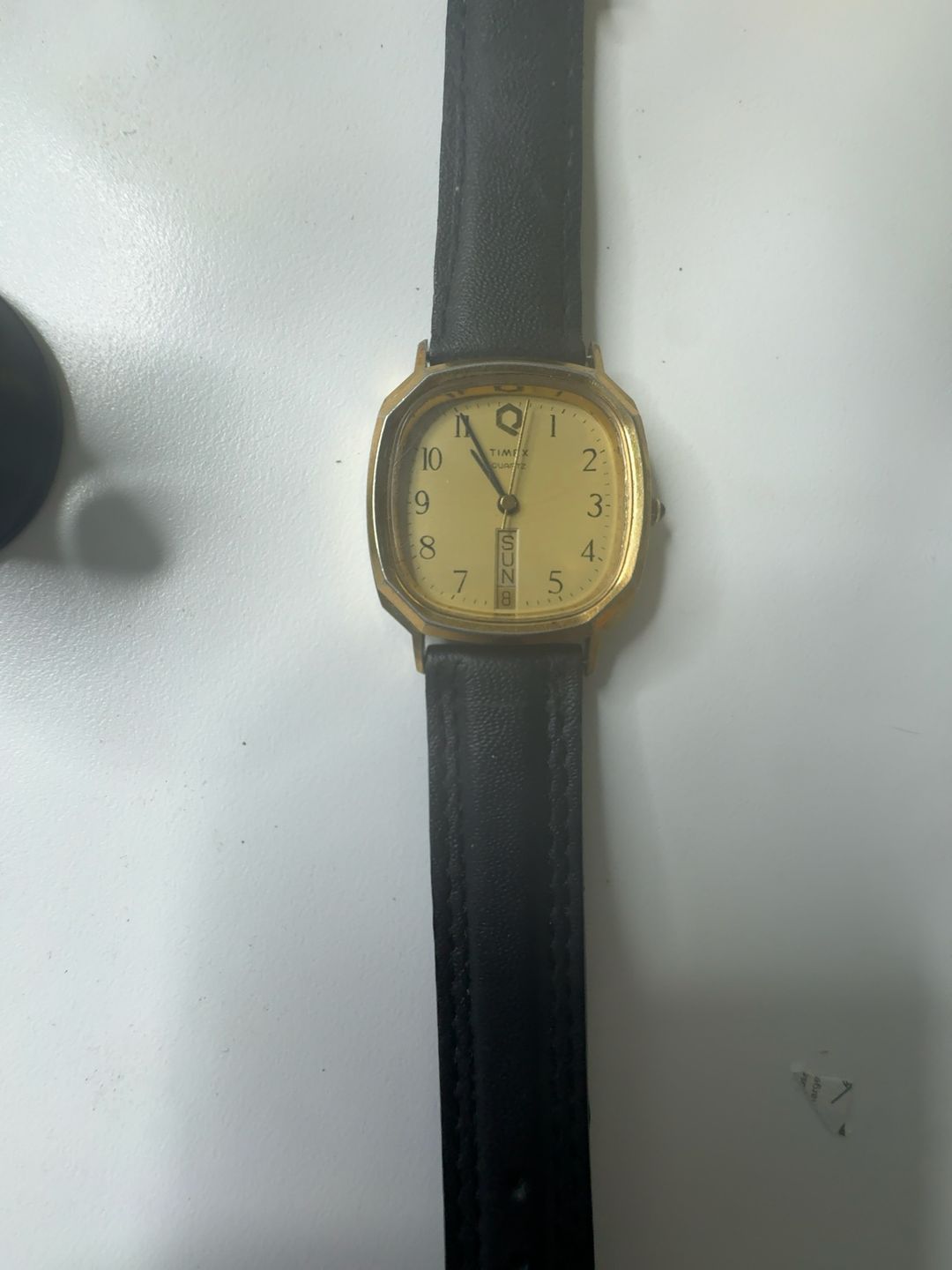 Timex Q Vintage Gold Tone Day/Date Leather Watch
