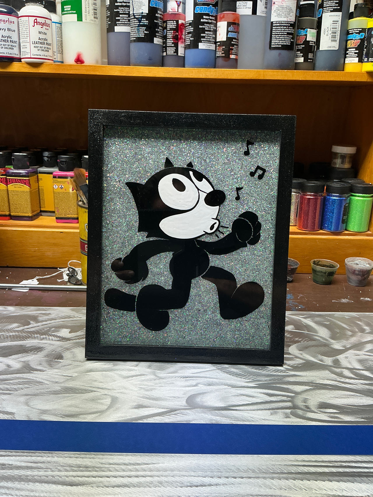 Felix the Cat reverse glass painting. 9”x11” classic vintage toons