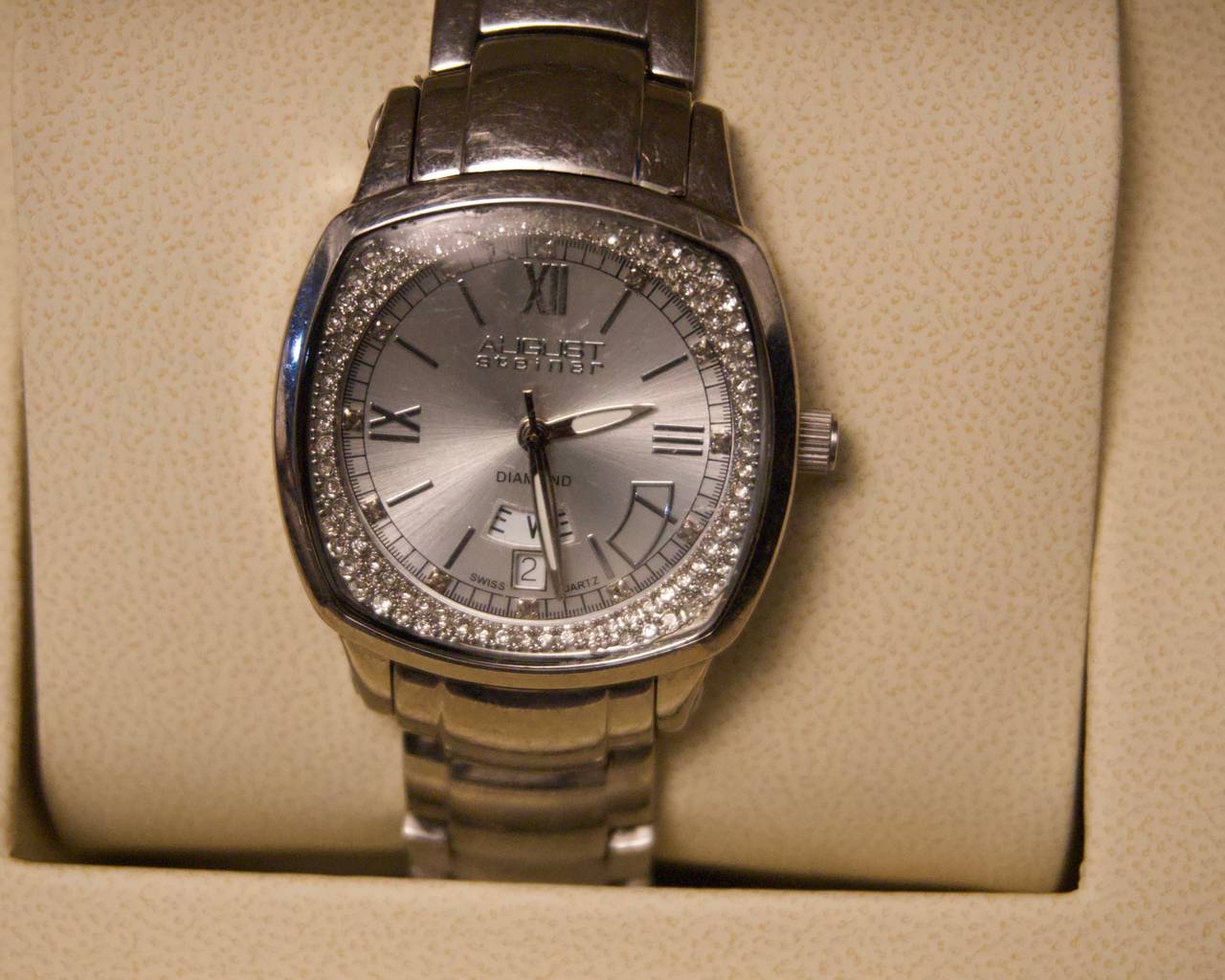 August Steiner Ladies Watch – Cushion Crystal Bezel, Day/Date, Swiss Quartz