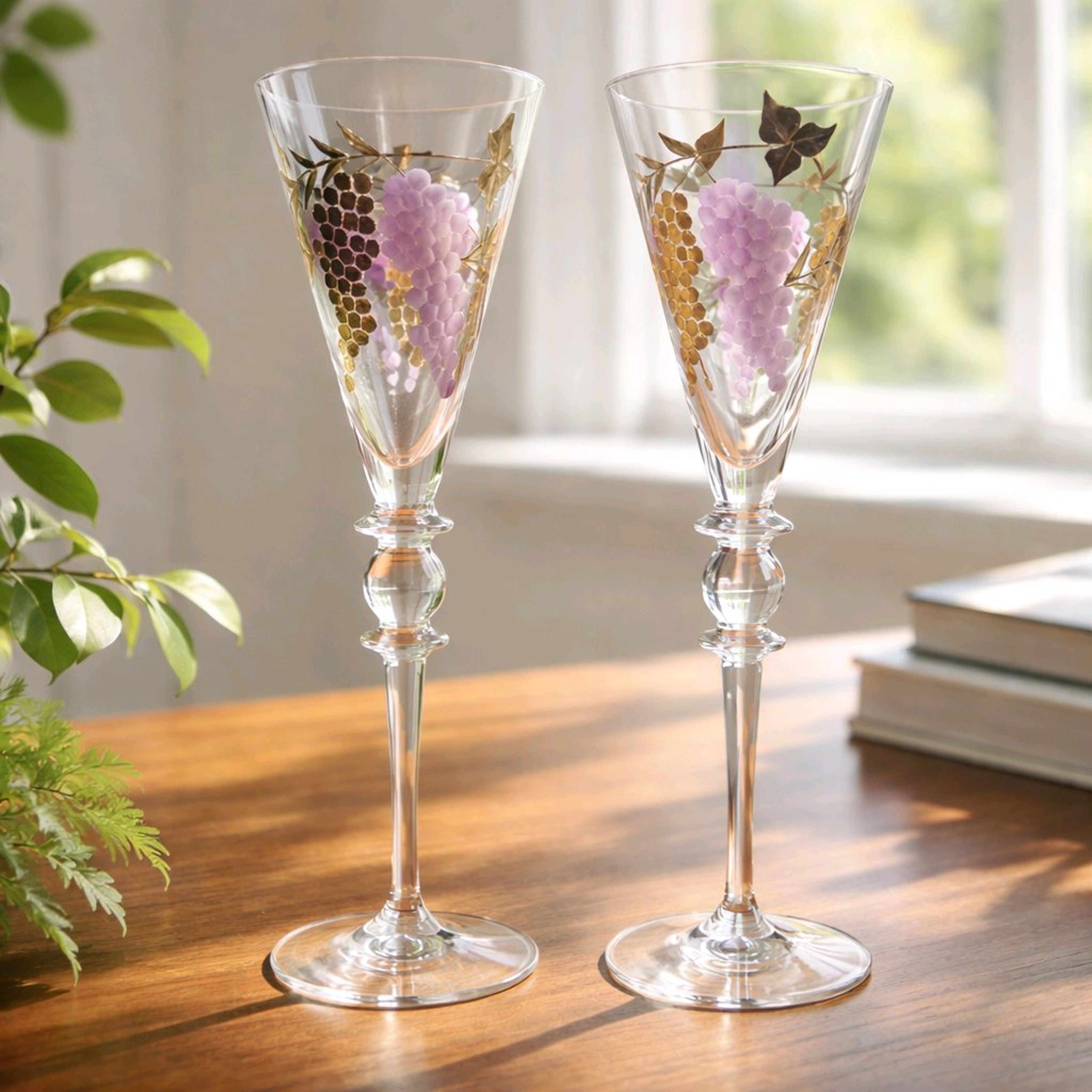 Vintage Hand Painted Grape Vine Champagne Flutes