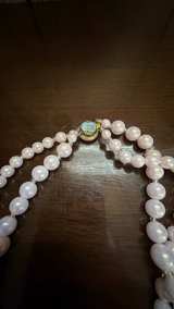 Vintage Double Strand Faux Pearl Necklace with Pink Crystal Accents - Image 3