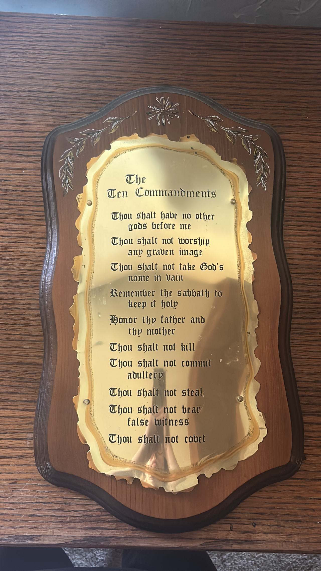 Vintage Ten Commandments Brass and Wood Wall Plaque