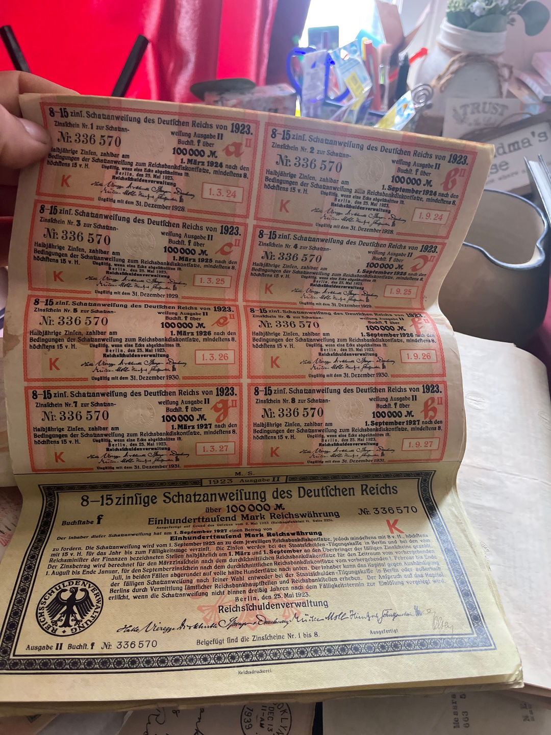 1923 German 100,000 Mark Treasury Note with Coupons