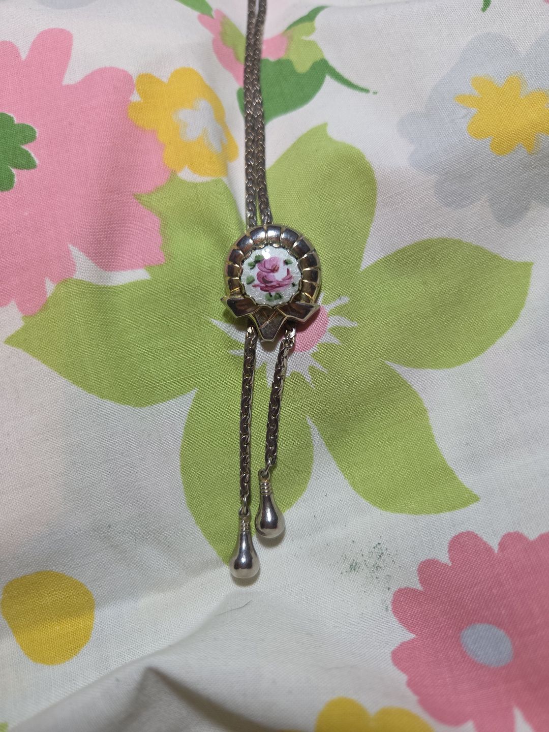 Vintage Floral Porcelain Bolo Tie