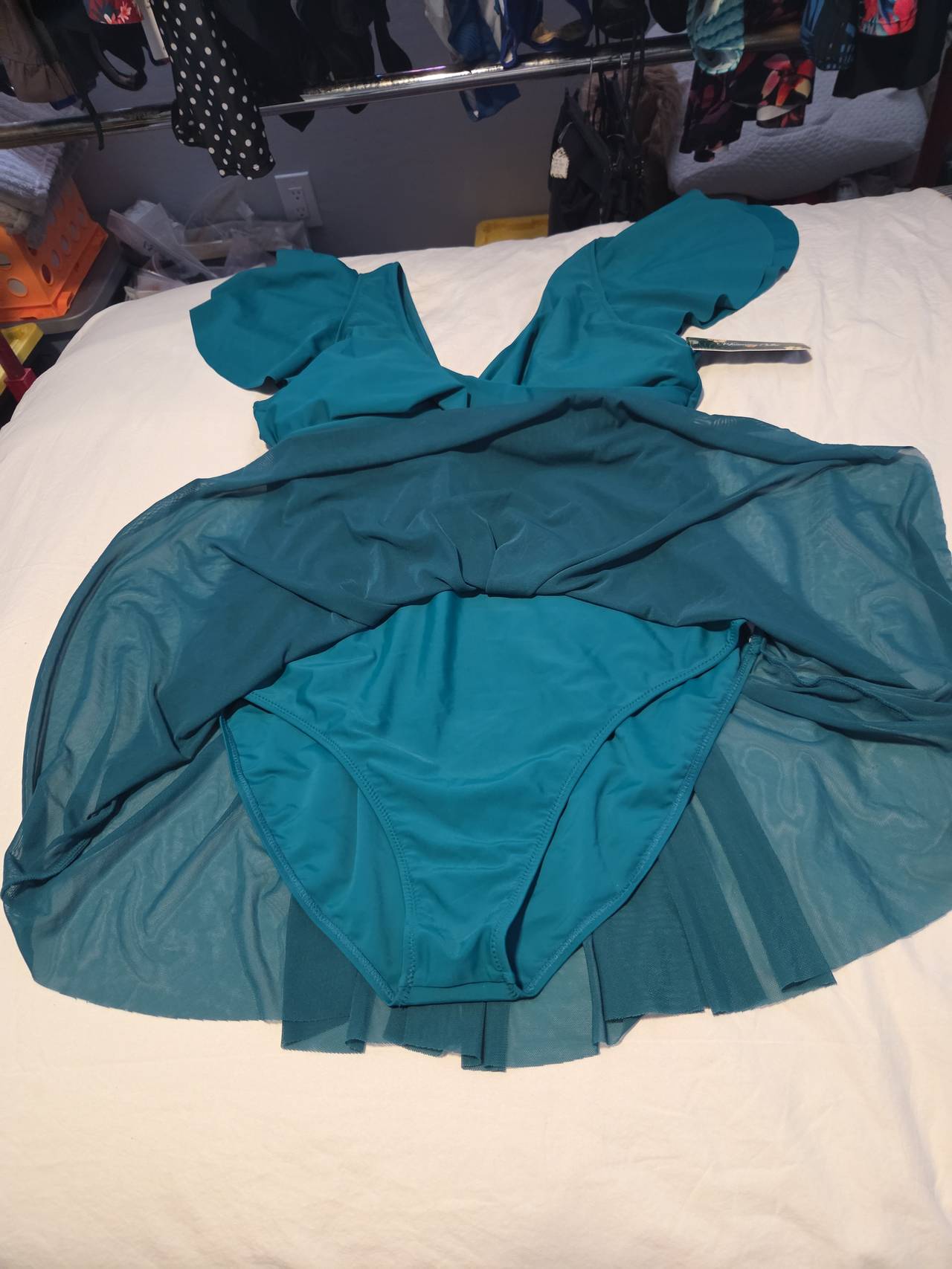 Teal Flutter Sleeve Mesh Swim Dress