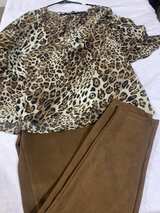 Leopard Print Bell Sleeve Blouse and Suede Pants Set - Image 3