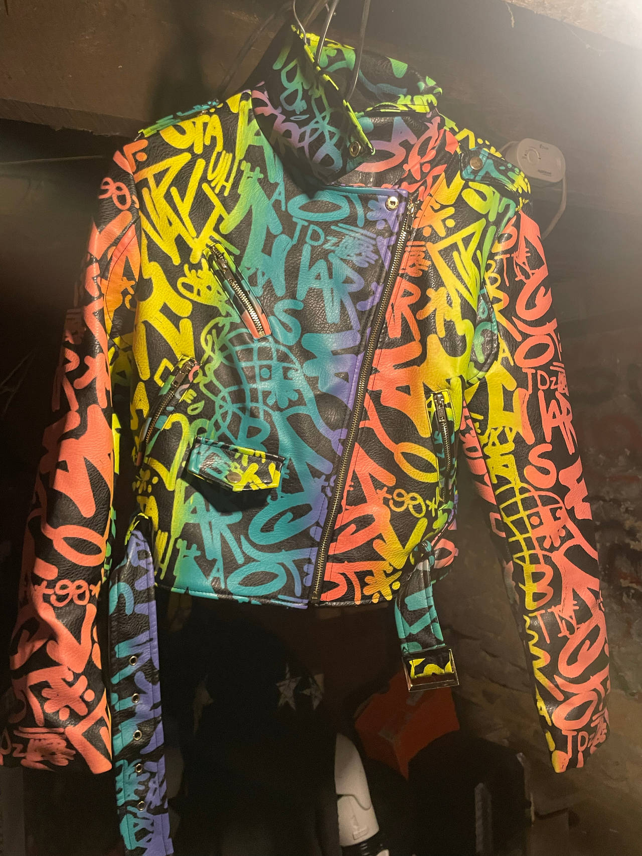 Rainbow Graffiti Faux Leather Moto Jacket