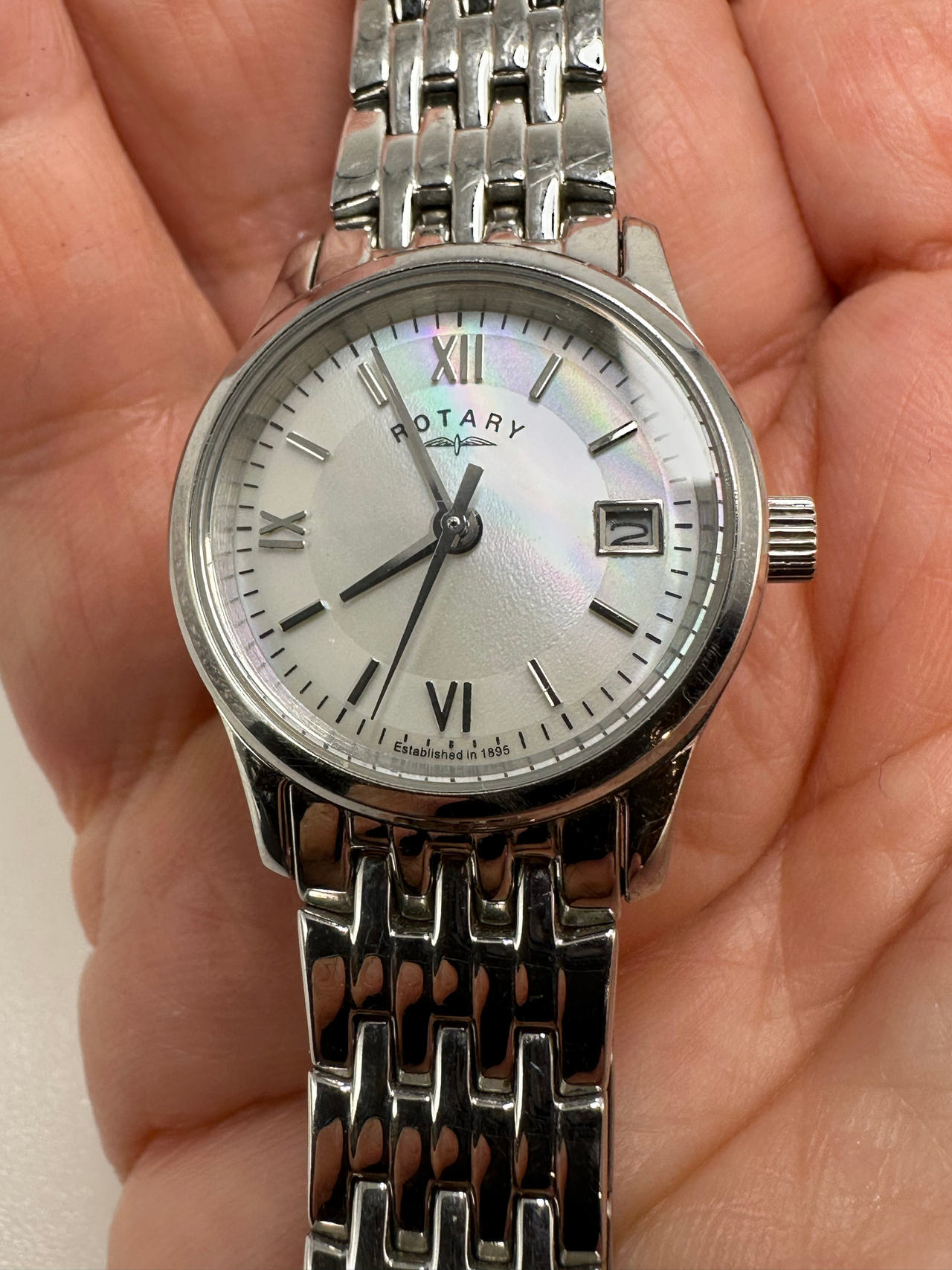 Ladies Rotary Watch Stainless Steel Mother of Pearl Dial 5.8” Bracelet Runs Grea
