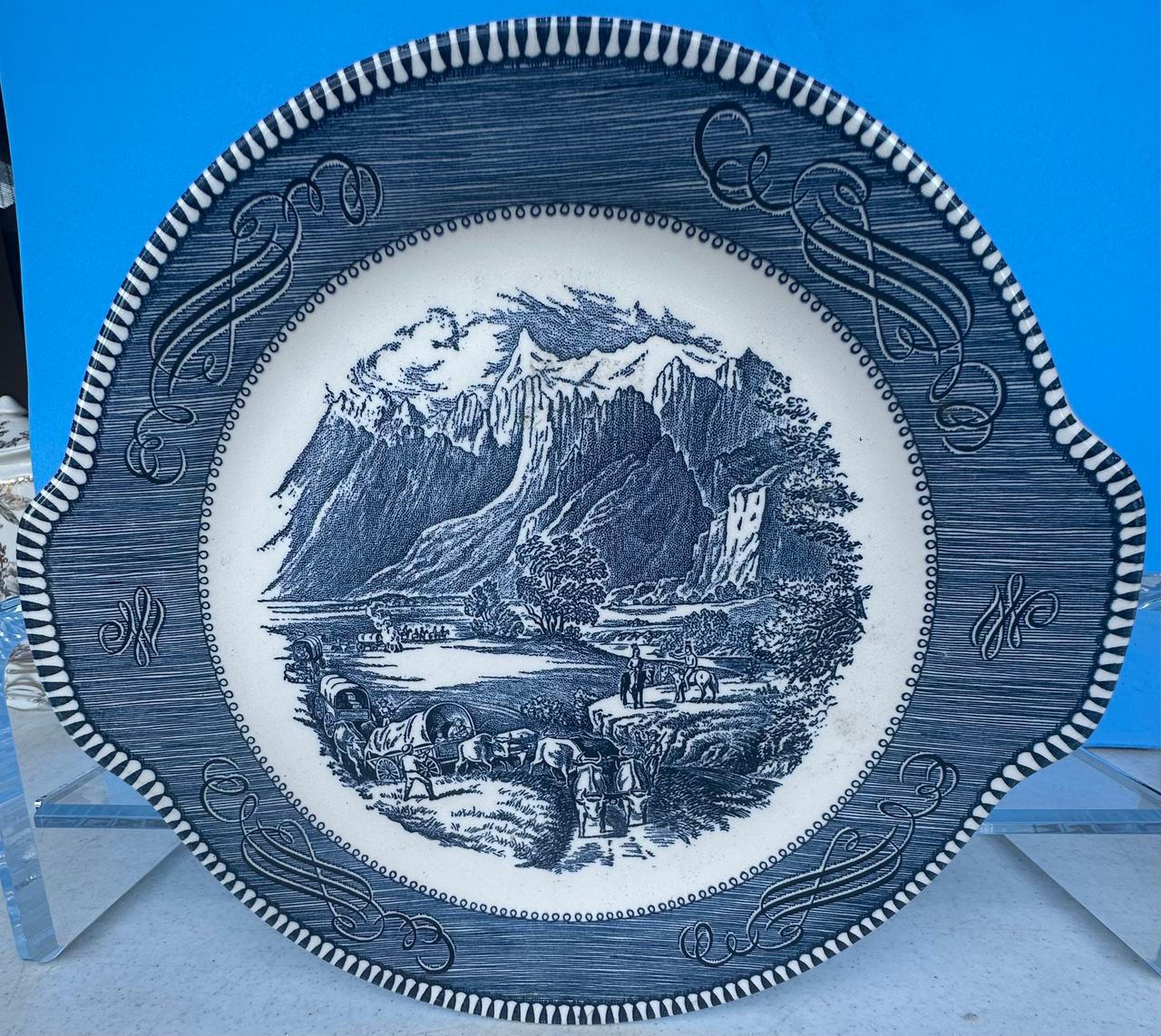 Vtg CURRIER AND IVES Cake Plate "The Rocky Mountains" Underglaze Print USA