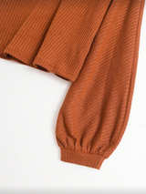 Women's Coral Orange Ribbed Knit Balloon Sleeve Sweater - Image 3