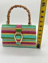 Multicolor Woven Straw Clutch Bamboo Handle Gold Chain Crossbody Purse - Image 8