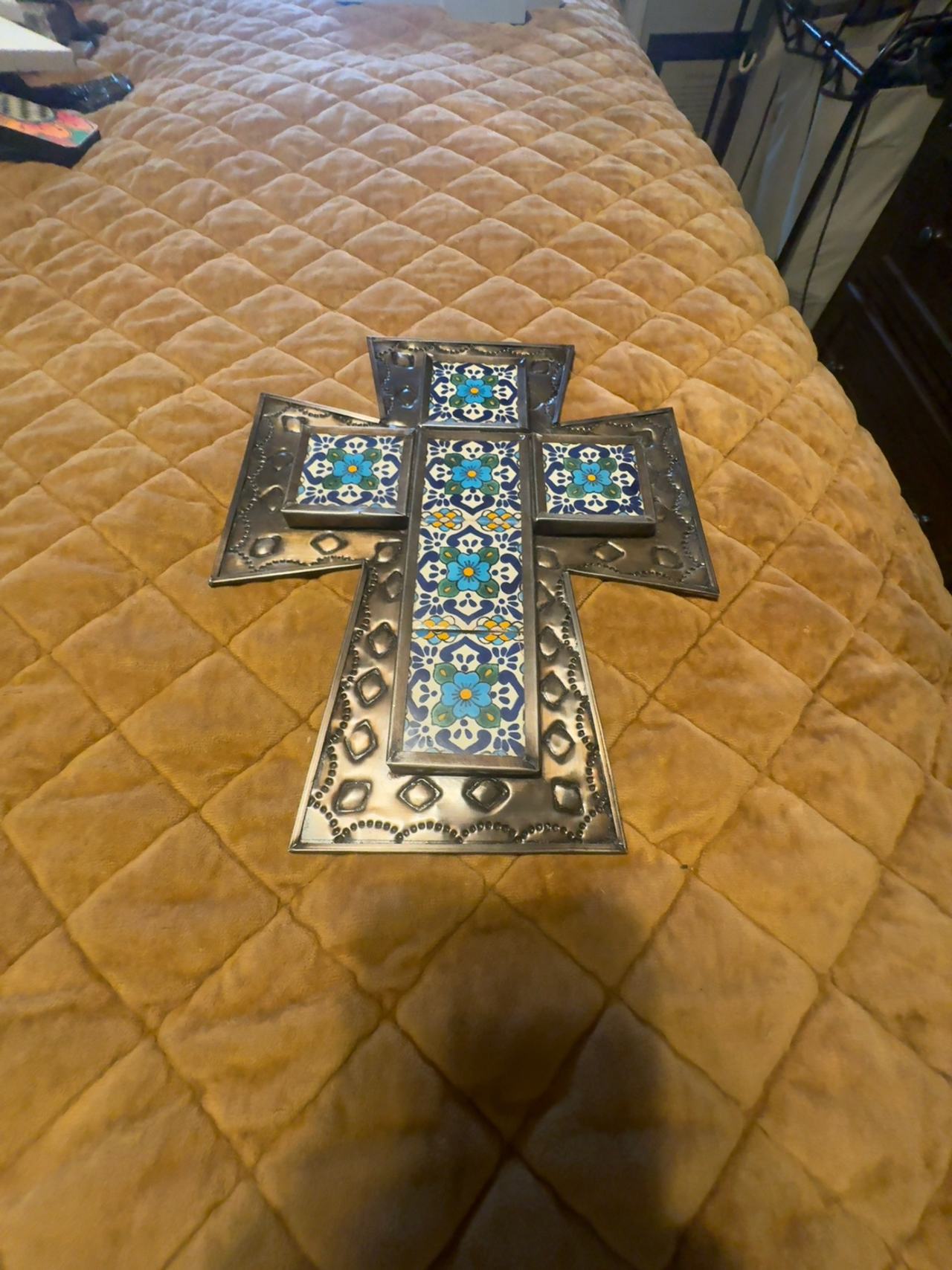 Handcrafted Tin and Talavera Tile Cross Wall Decor