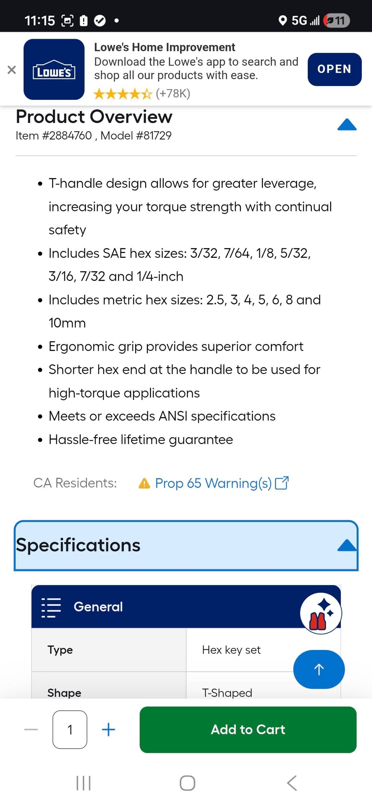 Kobalt 14-Piece T-Handle Hex Key Set (SAE/Metric)