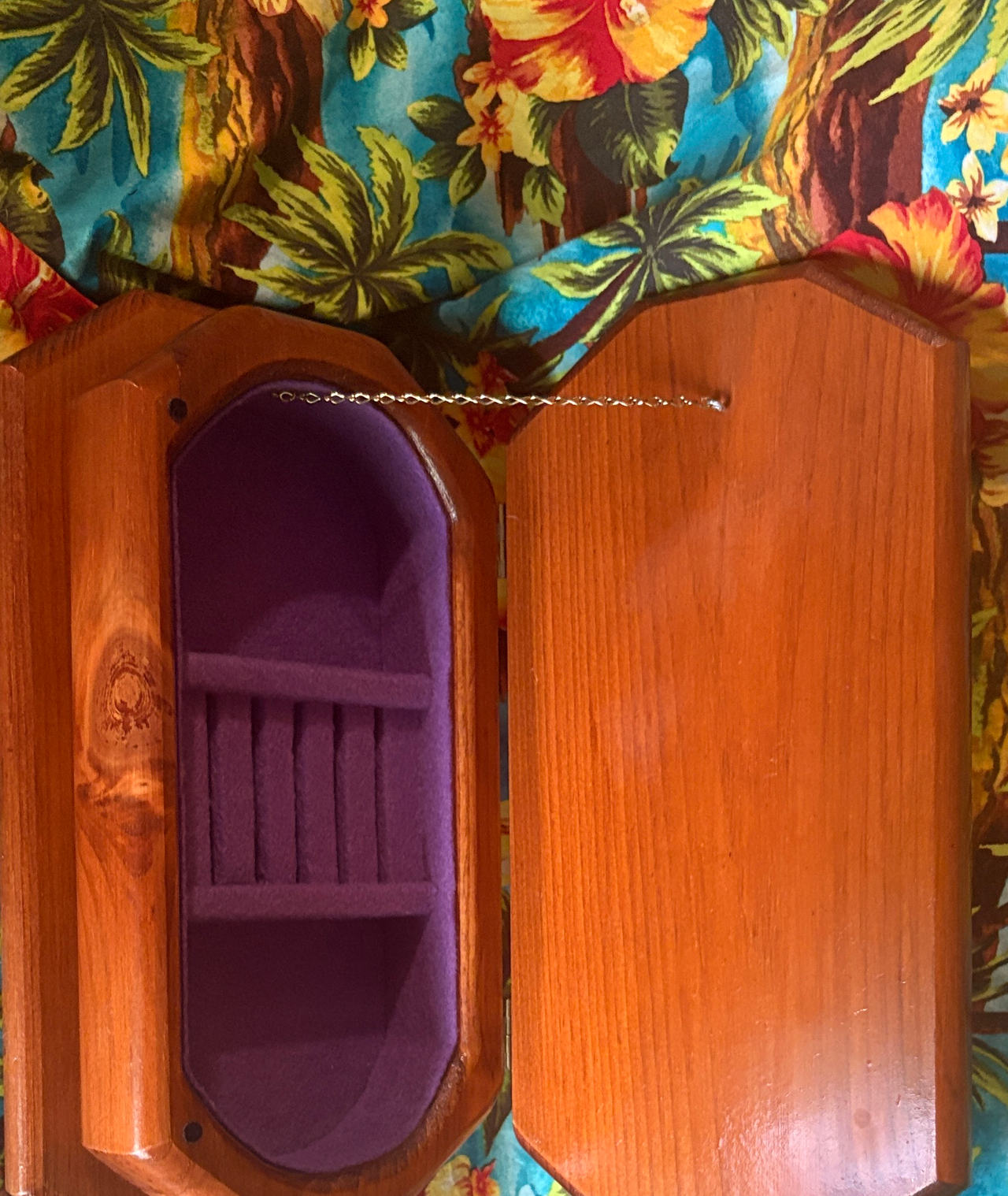 Cedar Coffin Jewelry Box with Purple Velvet Lining