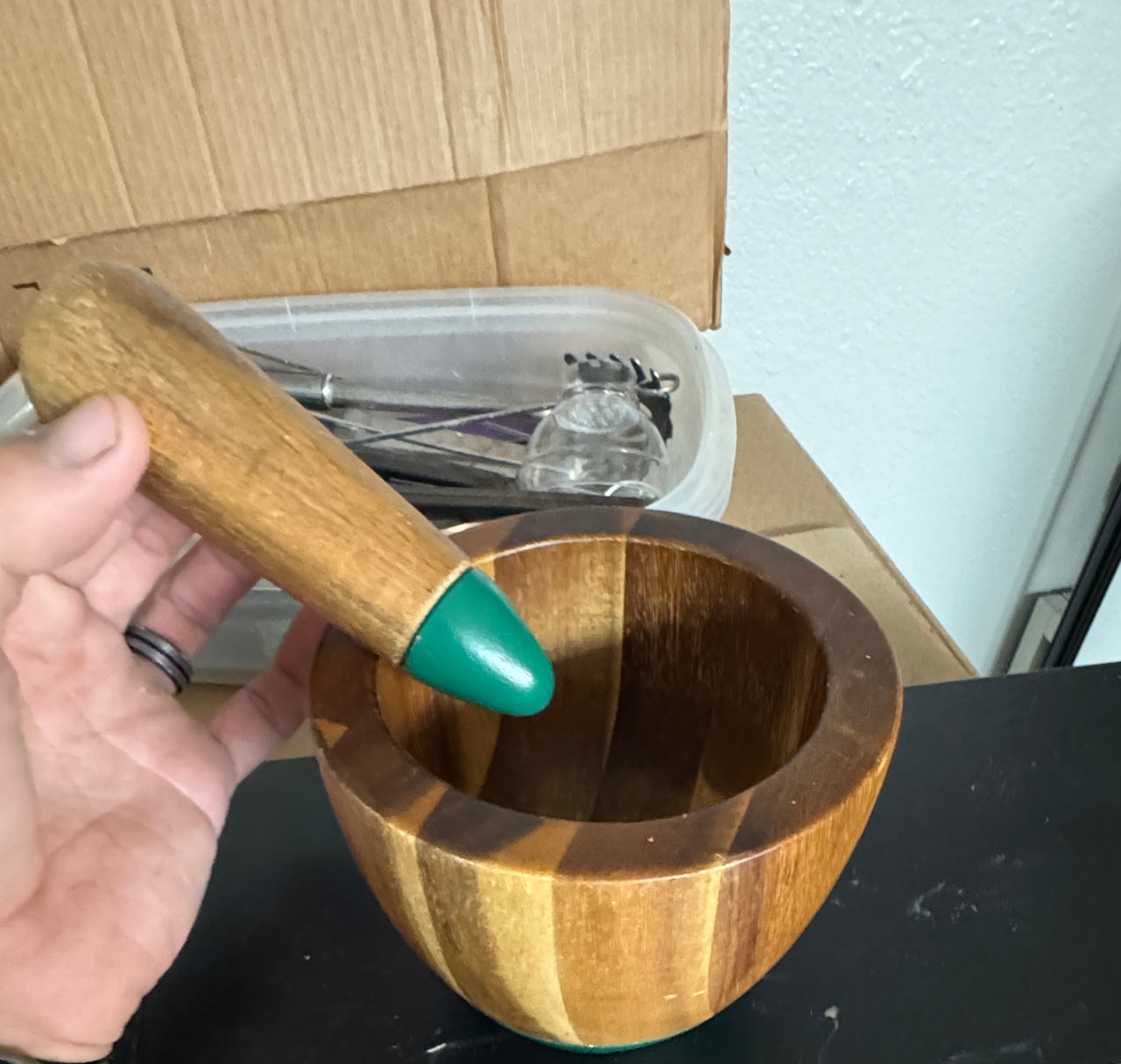 Wooden Mortar and Pestle Set with Green Accents