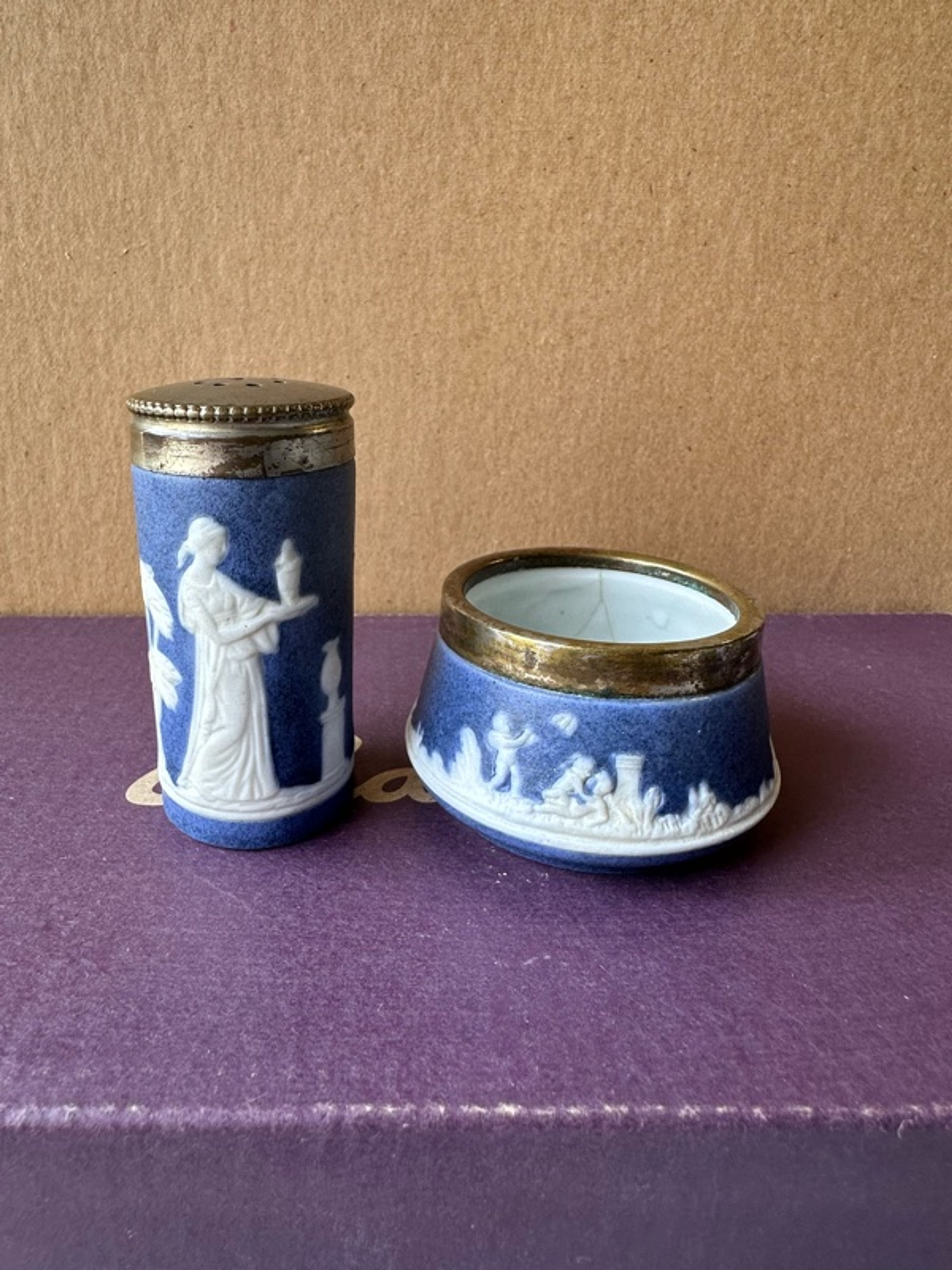 Wedgwood Cobalt Blue Jasperware Salt Cellar and Pepper Shaker