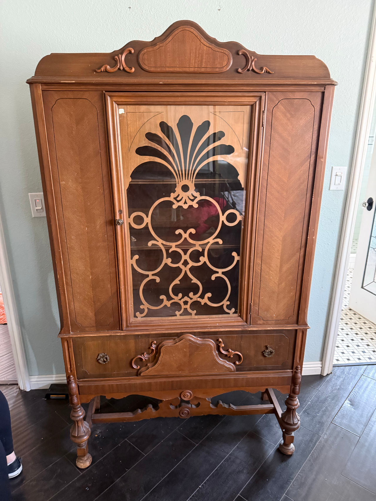 Vintage Wood China Cabinet with Glass Door