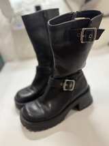 Steve Madden Women’s Black Leather Moto Engineer Boots Mid Calf Lug Sole Size 6 - Image 1