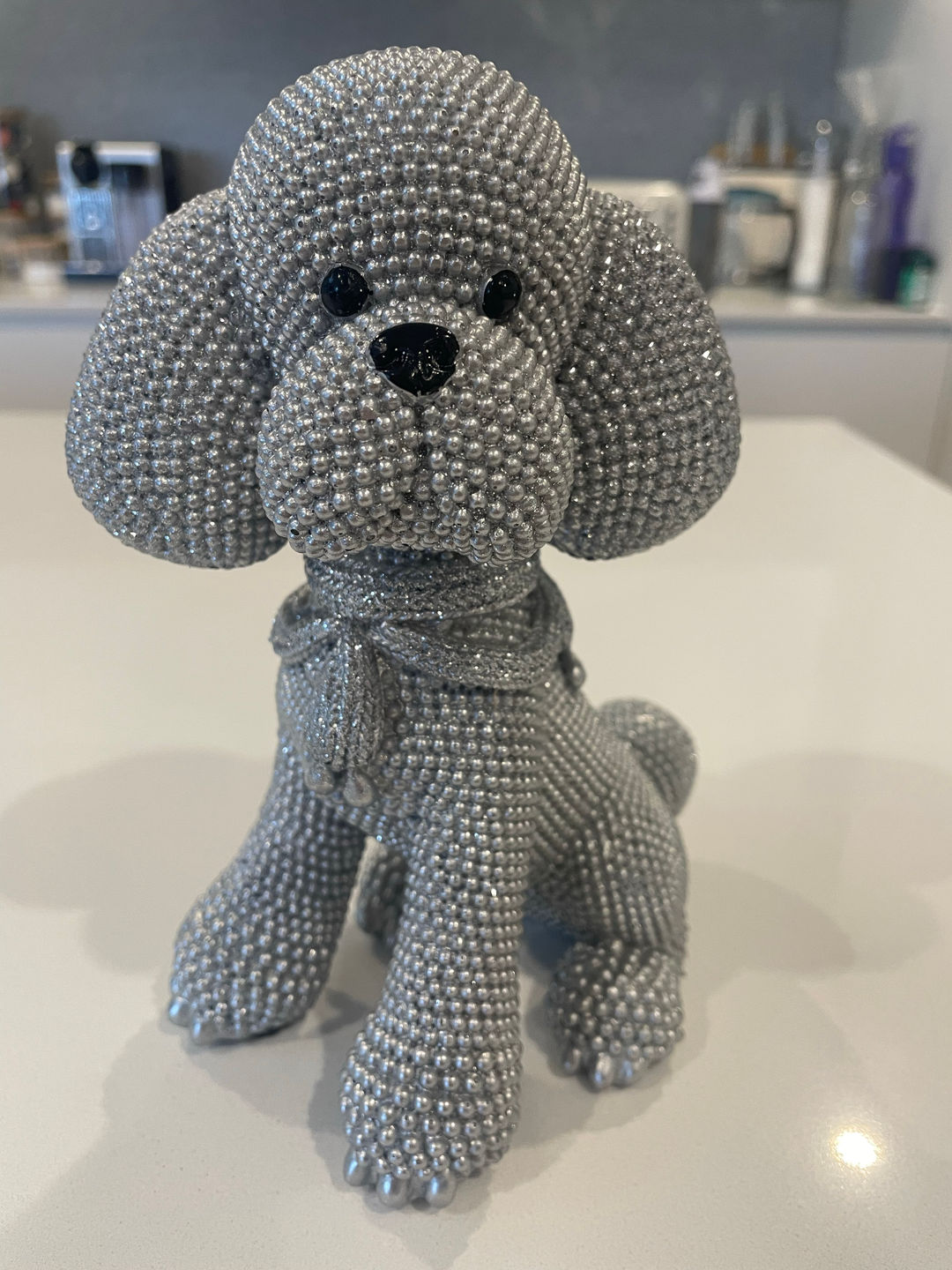 Luxury Silver Beaded Toy Poodle Figurine – Resin Dog Sculpture –