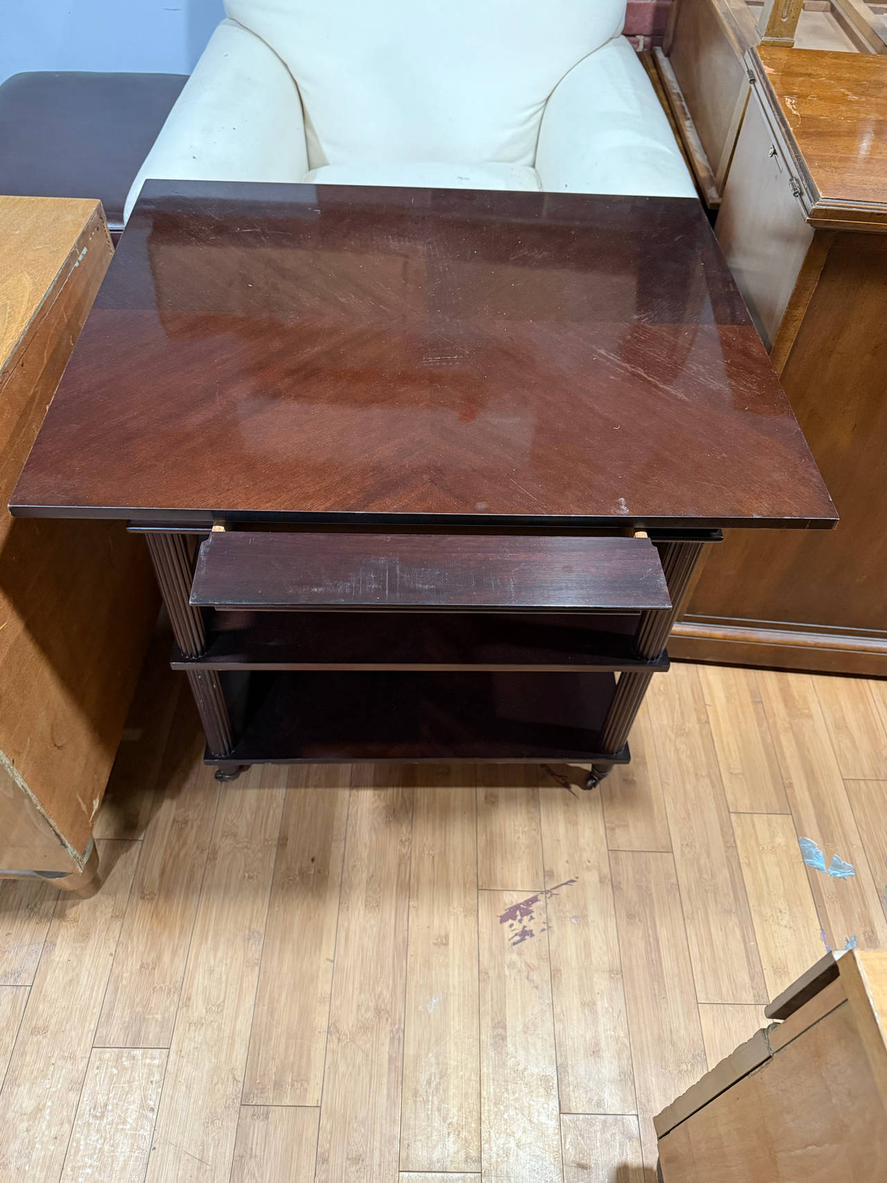 Vintage Wood Rolling Media Cart with Pull-Out Tray