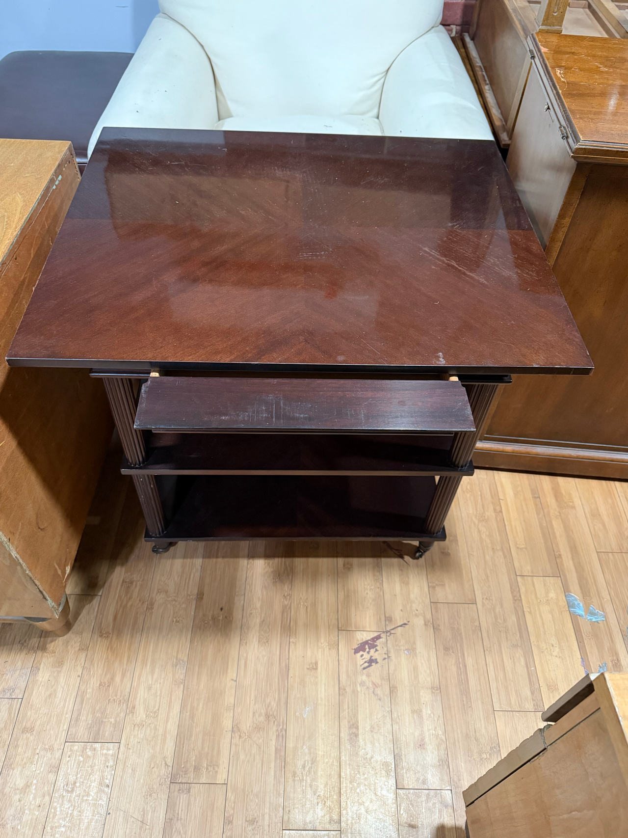 Vintage Wood Rolling Media Cart with Pull-Out Tray