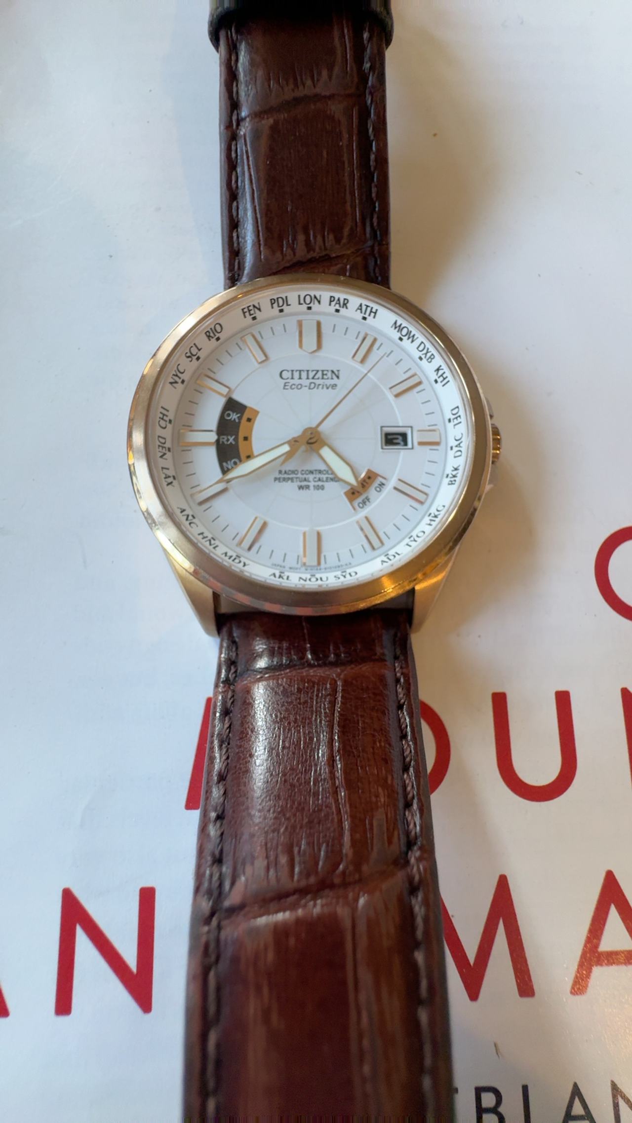 Citizen World Perpetual A-T White Dial Leather Strap Watch