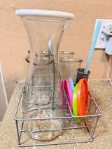 Glass Carafe Drink Set w/ 4 Glasses Metal Caddy Juice Water Pitcher - Image 4