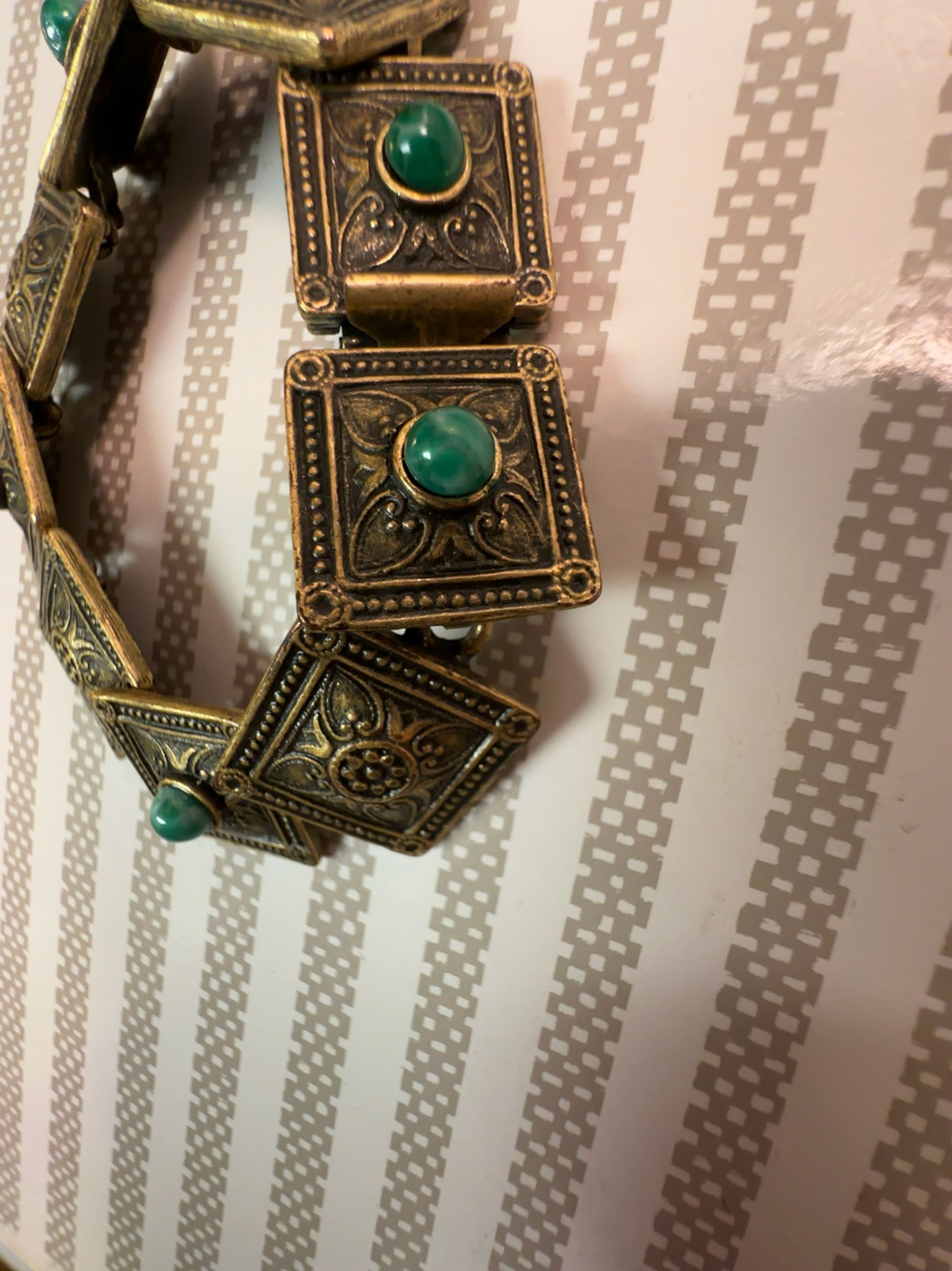 Vintage Green Stone Brass Bracelet