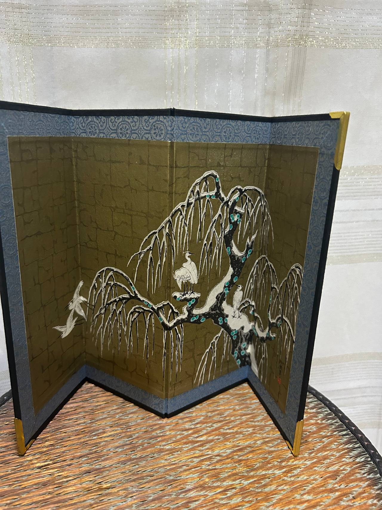 Miniature Japanese 4- Panel Folding Screen Byobu Cranes and Willow Tree