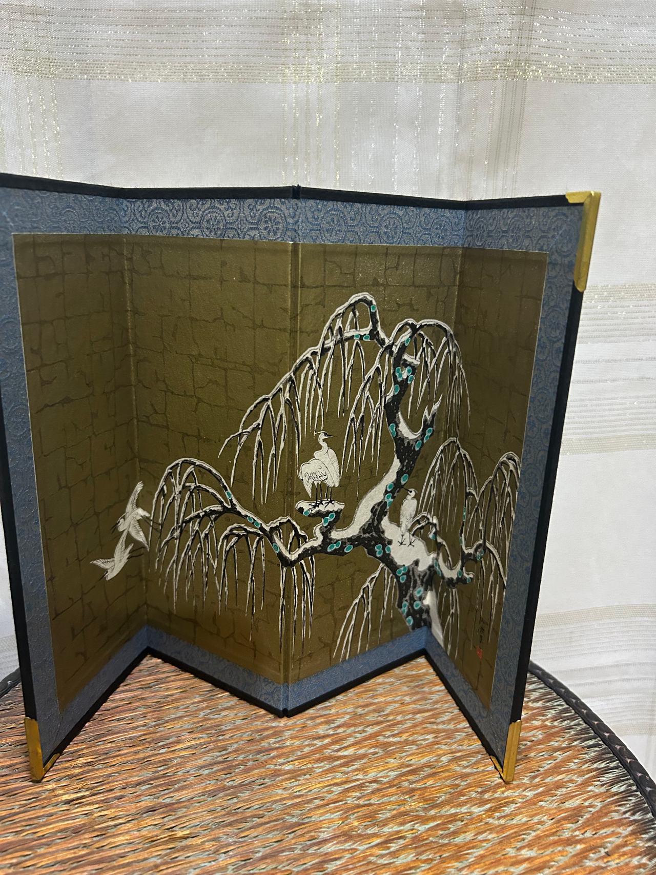 Miniature Japanese 4- Panel Folding Screen Byobu Cranes and Willow Tree