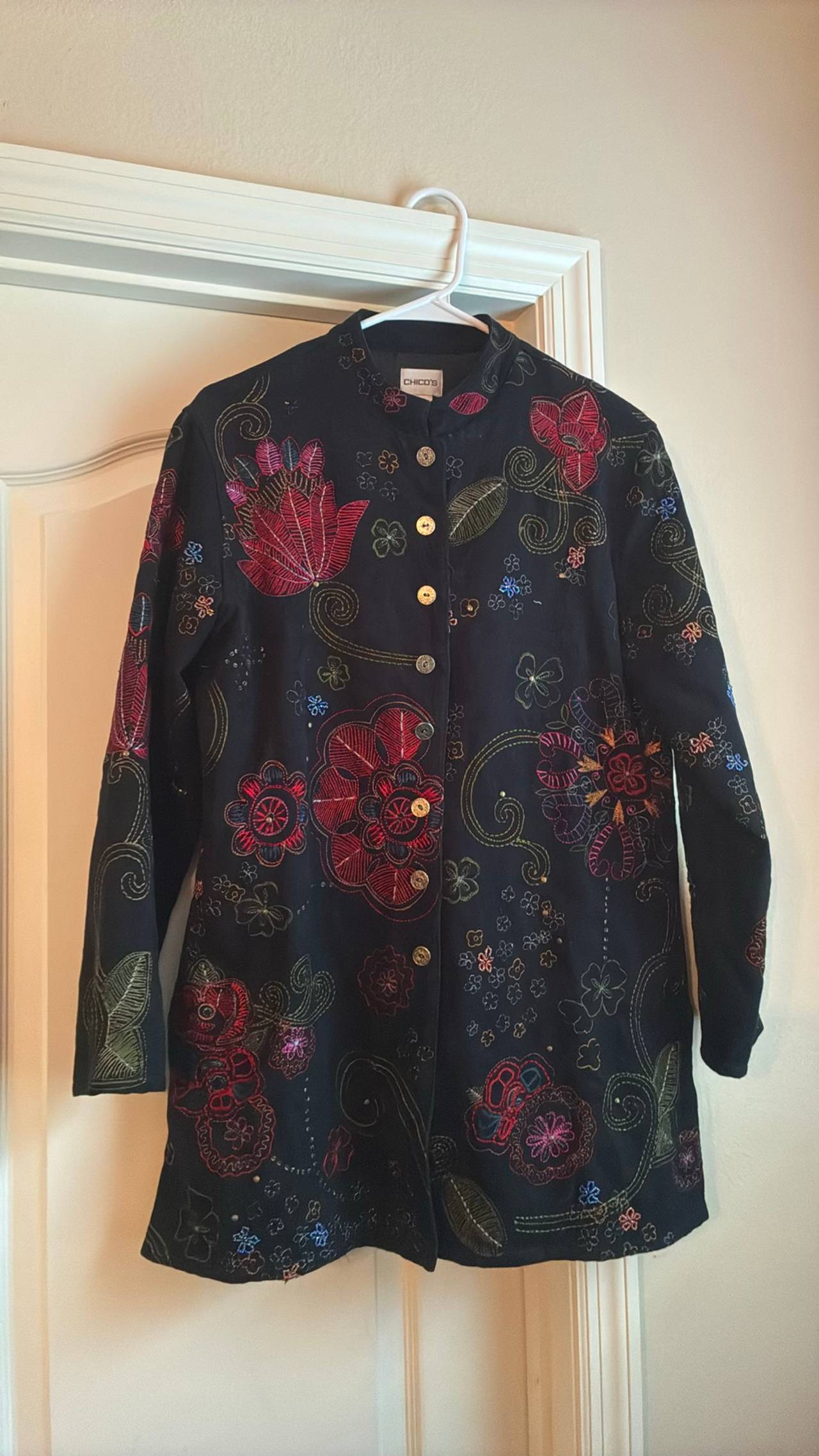 Chico's Embroidered Floral Embroidered Jacket mandarin collar Size 1