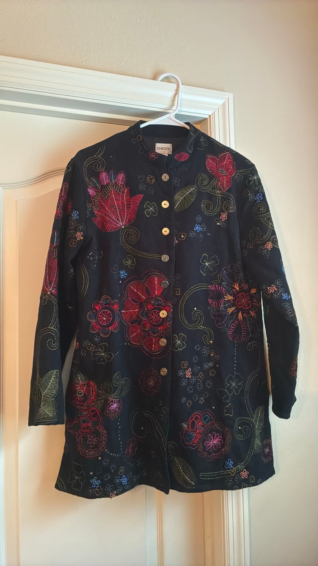 Chico's Embroidered Floral Embroidered Jacket mandarin collar Size 1