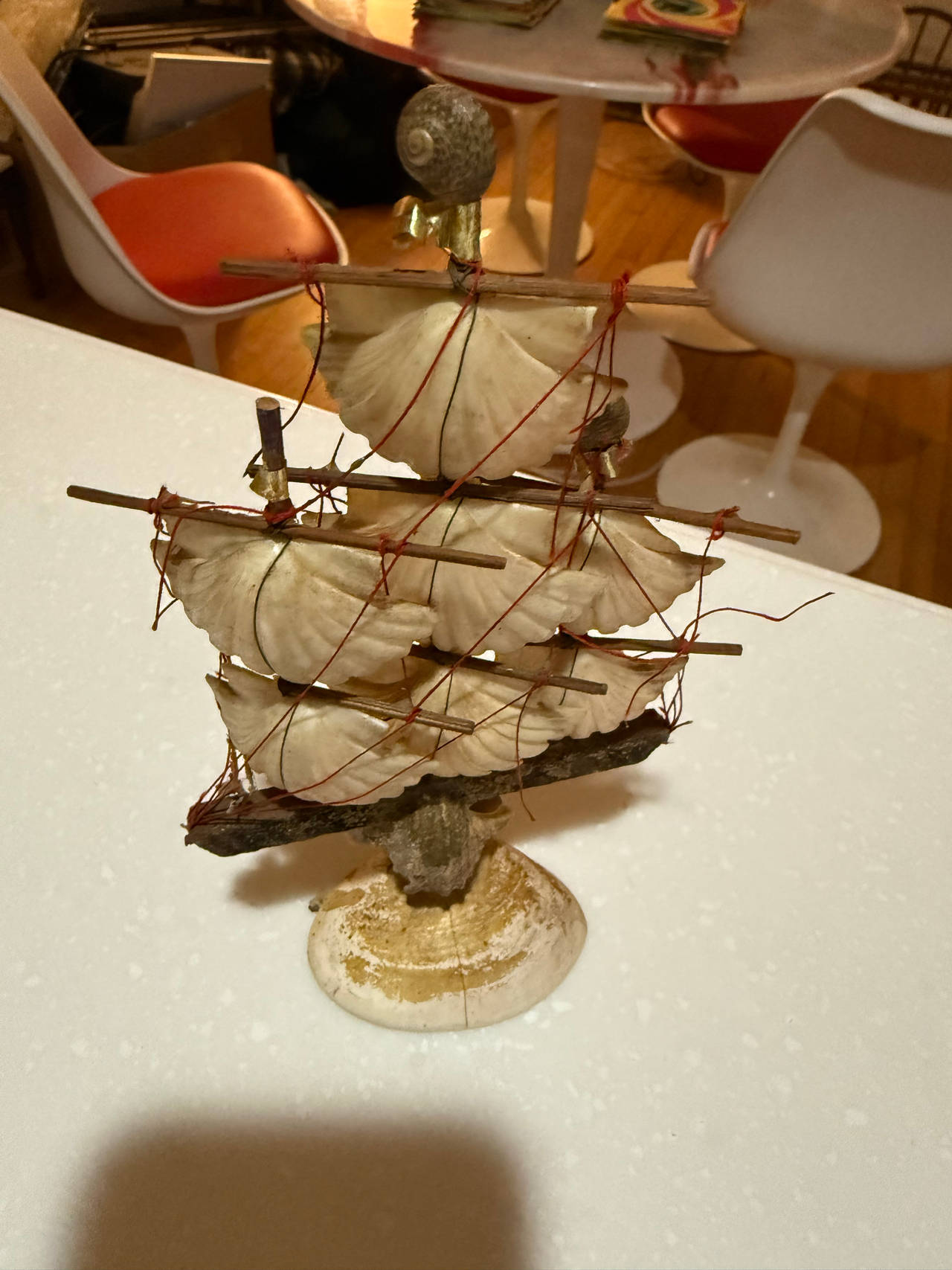 Vintage Seashell Ship Folk Art Sculpture