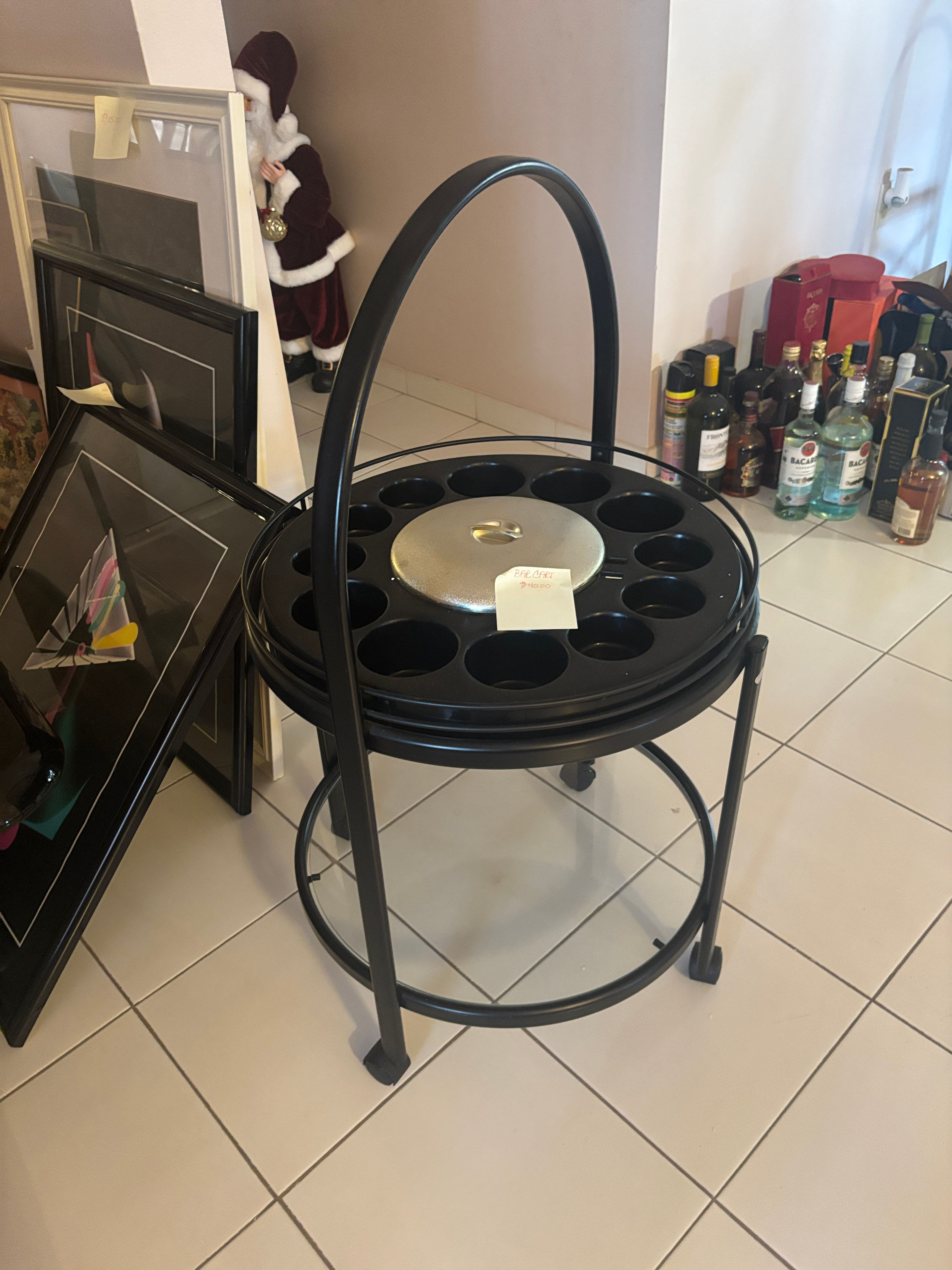 Vintage Round Rolling Bar Cart with Ice Bucket
