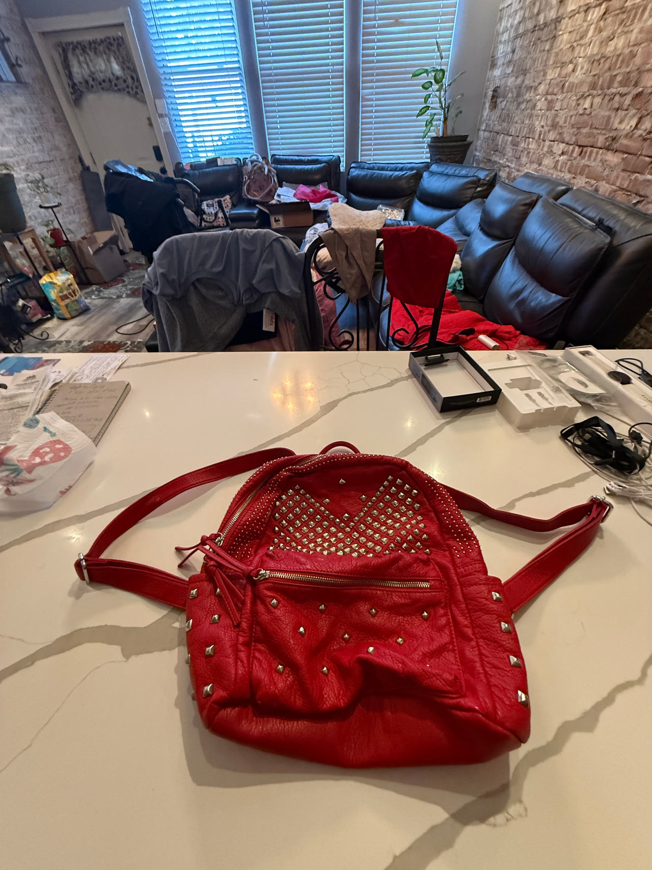 Red Studded Faux Leather Backpack