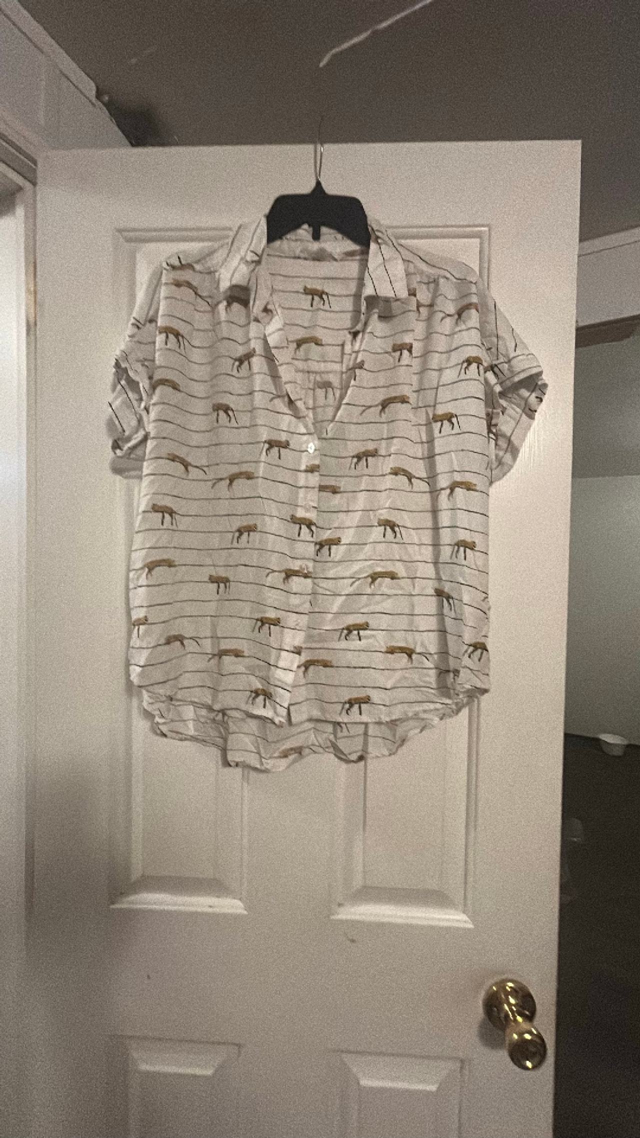 Jane Delander Leopard Print Striped Button Down Shirt