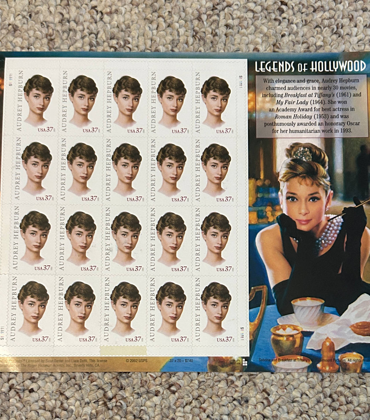 2003 USPS Legends of Hollywood Audrey Hepburn Stamp Sheet