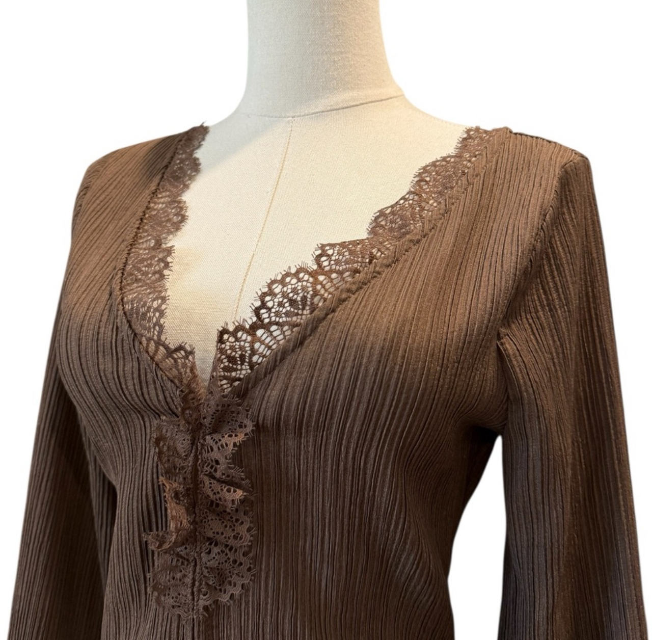 Brown Lace Trim Pleated Blouse