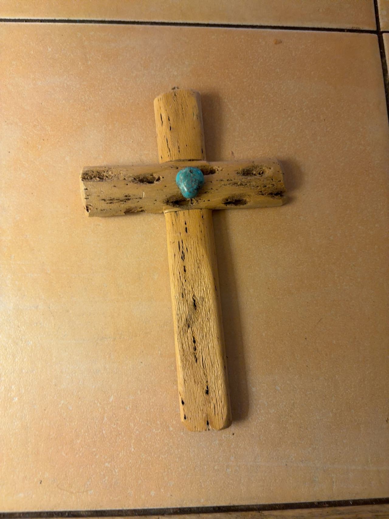 Artisan Handcrafted Cactus Wood Cross with Turquoise Inlay