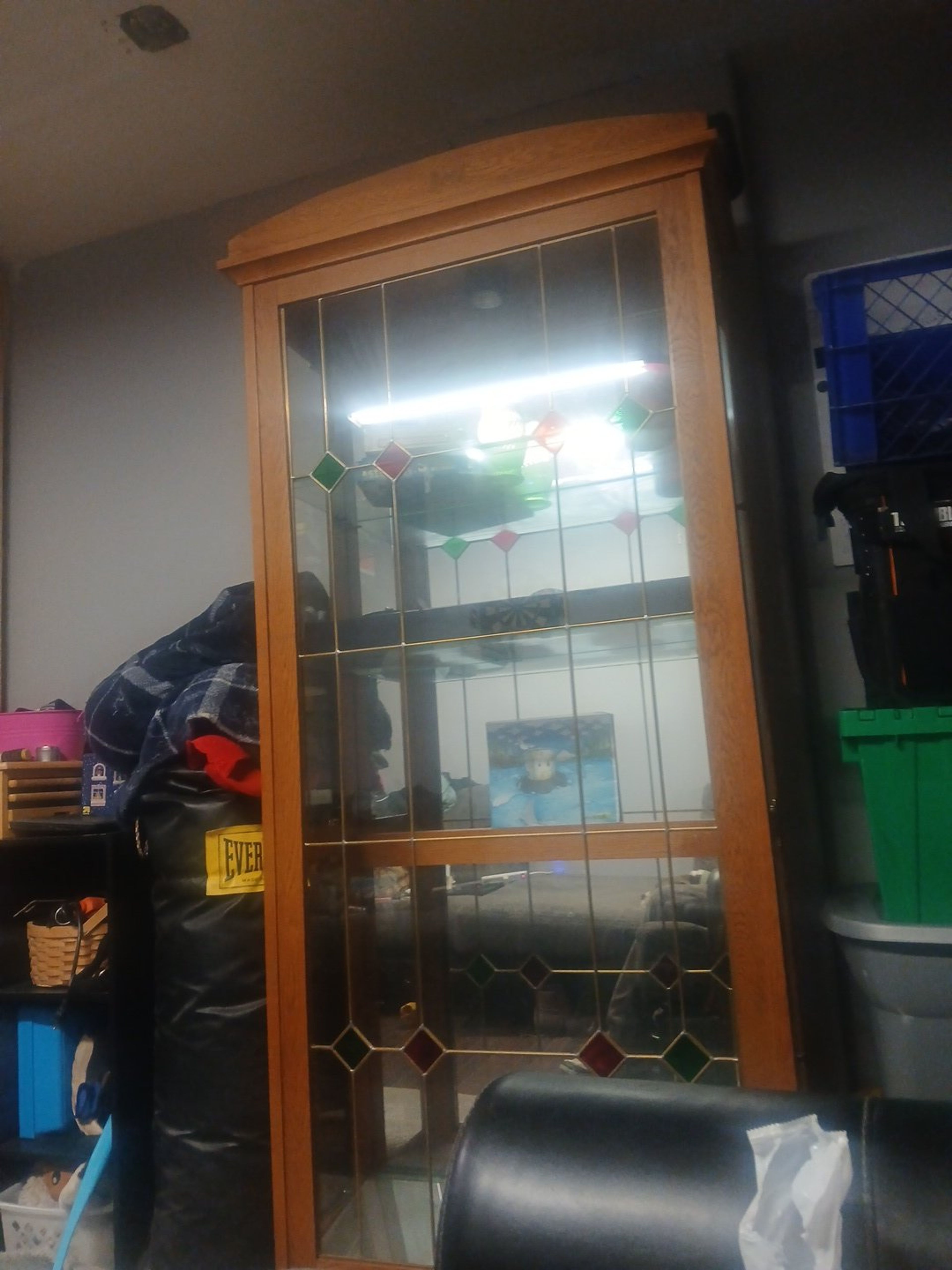 Oak Curio Cabinet with Stained Glass Accents