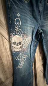 Hot Topic Skull and Cross Flare Jeans Size 11 Goth wide leg - Image 3
