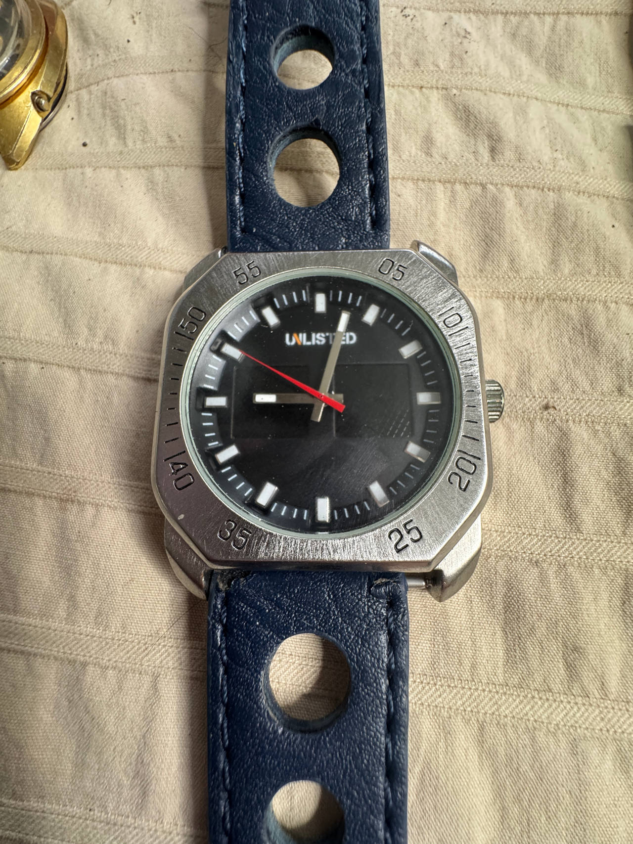 Unlisted by Kenneth Cole Men's Silver Tone Watch with Blue Rally Strap