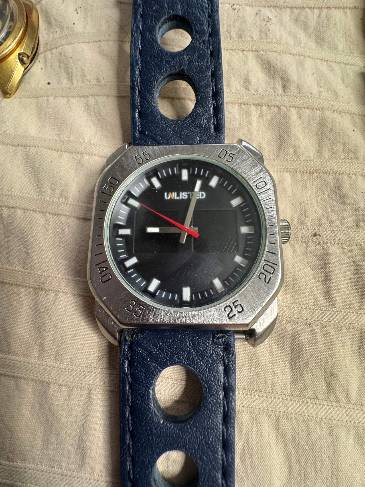 Unlisted by Kenneth Cole Men's Silver Tone Watch with Blue Rally Strap