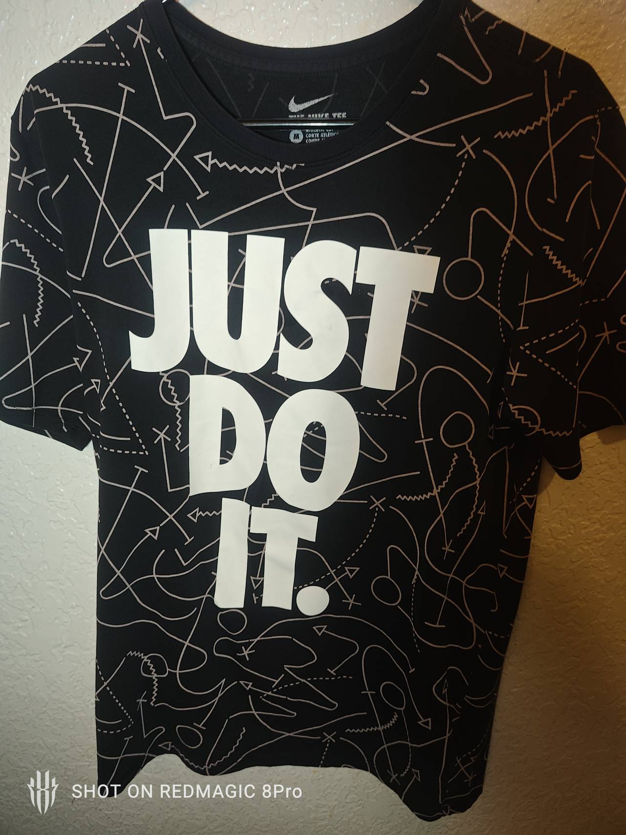 NIKE Dri-Fit JUST DO IT All Over Print Shirt - L Black Football Pattern 90's