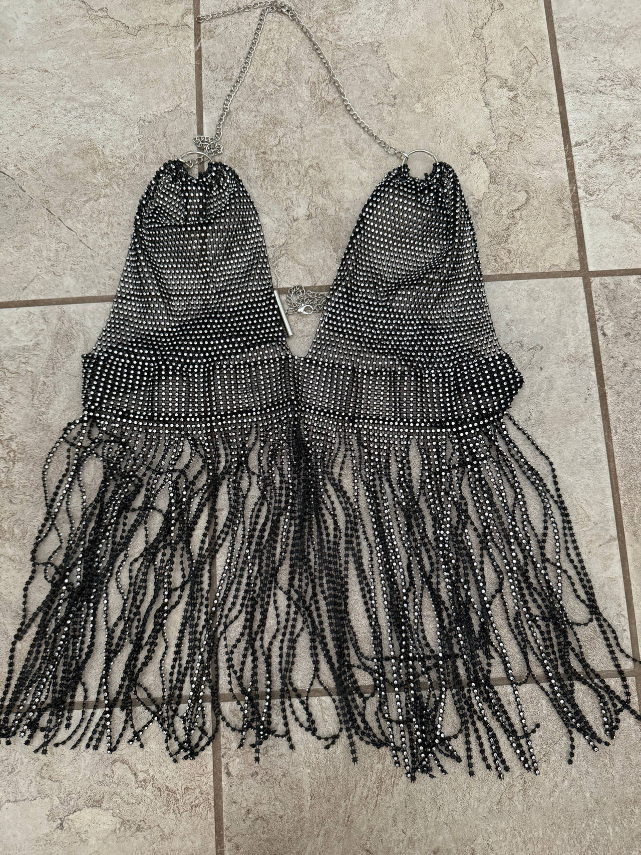 Festival Rhinestone Fringe Mesh Halter Top