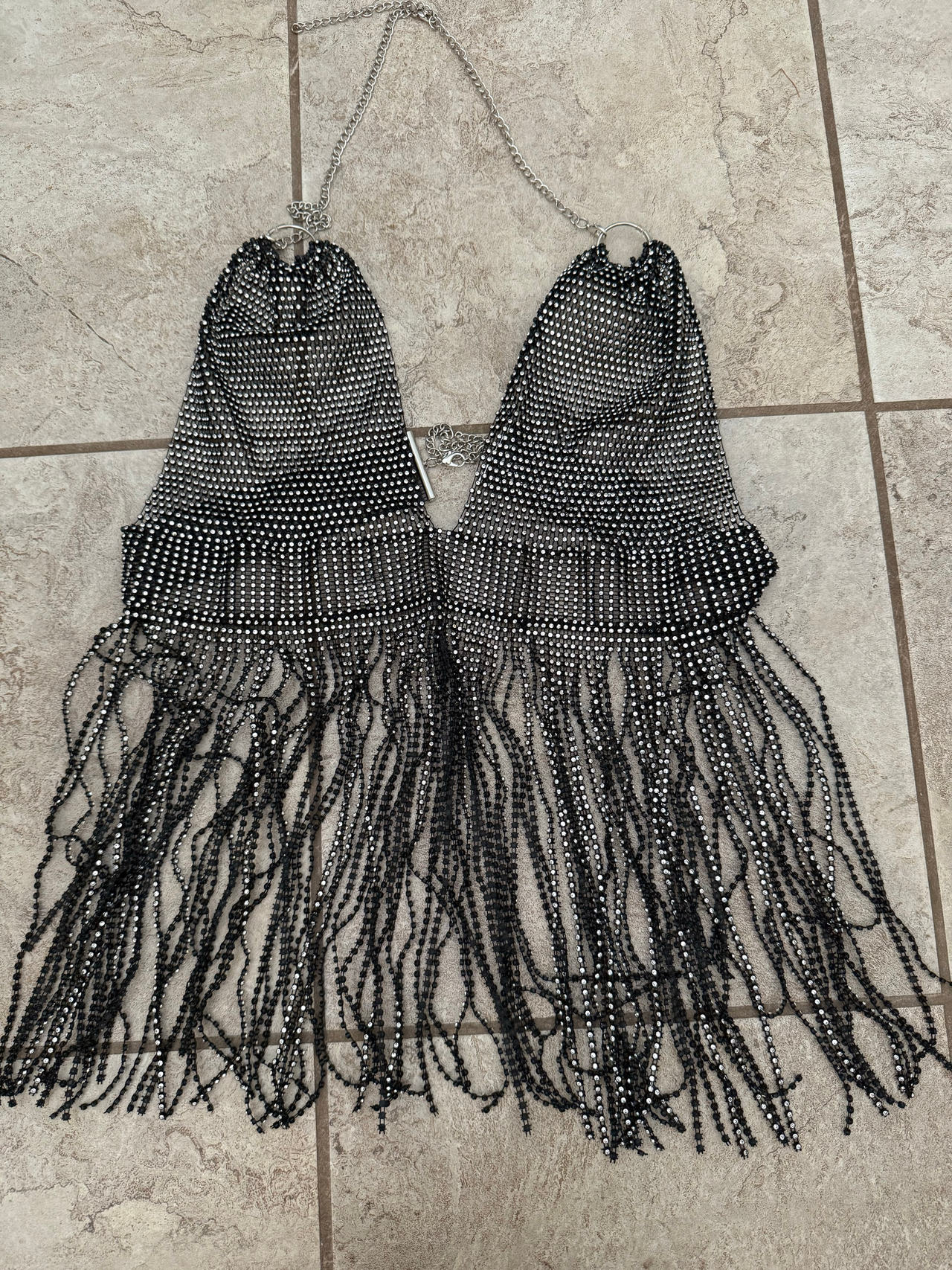 Festival Rhinestone Fringe Mesh Halter Top